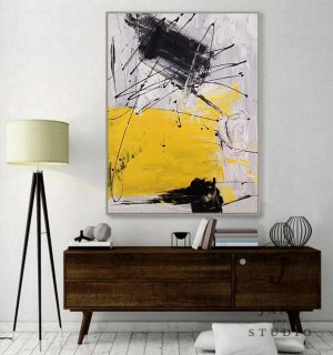 Gray Minimal Black Yellow Abstract Canvas Artwork W9TD1